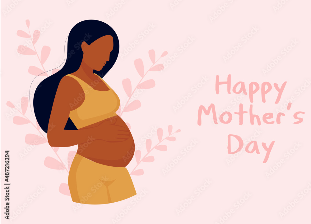 Happy Mother's day. Black Pregnant woman. Mother and child. Concept of pregnancy and motherhood. Modern maternity. Design for greeting card, poster, web or print. Flat vector illustration. Happy Mother's day. Black Pregnant woman. Mother and child. Concept of pregnancy and motherhood. Modern maternity. Design for greeting card, poster, web or print. Flat vector illustration.