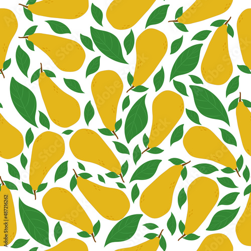Pear and leaves seamless pattern on white background. Vector illustration for design and print