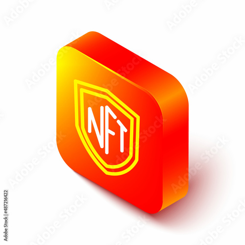 Isometric line NFT shield icon isolated on white background. Non fungible token. Digital crypto art concept. Orange square button. Vector