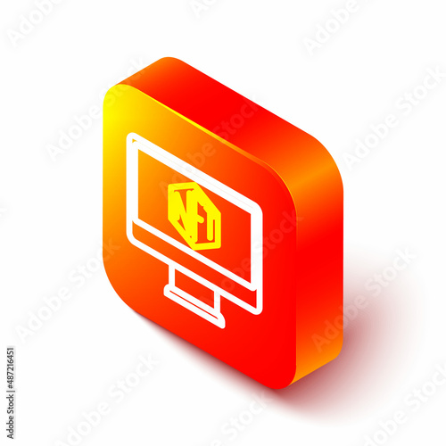 Isometric line Monitor with art store app icon isolated on white background. Technology of selling NFT tokens for cryptocurrency. Non fungible token concept. Orange square button. Vector