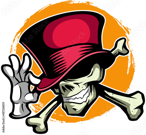 Cartoon style skull with crossbones and cylinder hat, vector skull illustration.