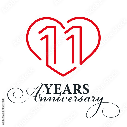 11 years anniversary celebration number eleven bounded by a loving heart red modern love line design logo icon white background