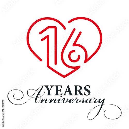 16 years anniversary celebration number sixteen bounded by a loving heart red modern love line design logo icon white background
