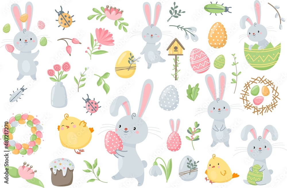 Obraz premium Cute vector easter set. Multicolored eggs, plants, rabbit and chickens, insects, spring elements for design on a white background