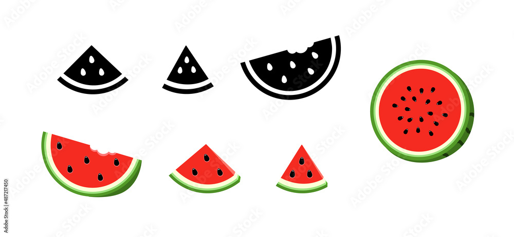 Set watermelon icons black and red color. Half and whole, round piece, and triangular slice. Set watermelon icons black and red color. Half and whole, round piece, and triangular slice.