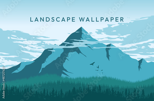 tosca blue mountain  deer landscape vector illustration
