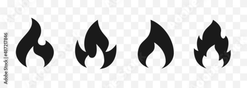 Fire flame icons black vector set. Isolated fire silhouettes collection. Flames signs flat design. Fires  Logotype symbols concept. Vector illustration.