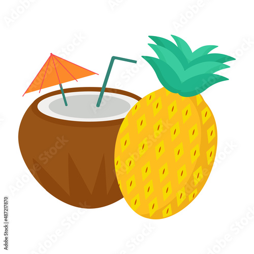 Set of coconut and pineapple on a white background