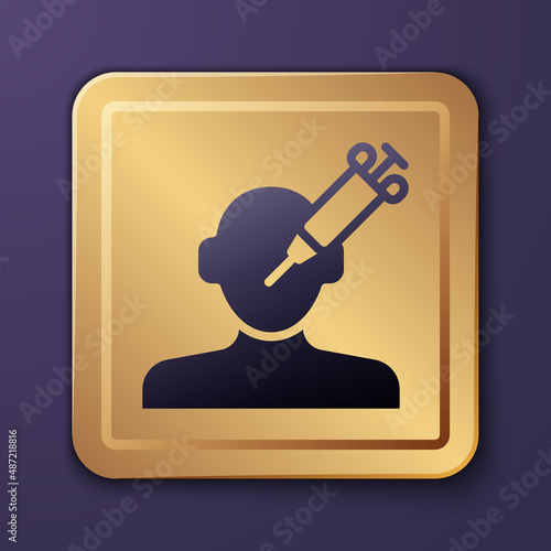 Purple Addiction to the drug icon isolated on purple background. Heroin, narcotic, addiction, illegal. Sick junkie with a syringe and medical pills. Gold square button. Vector