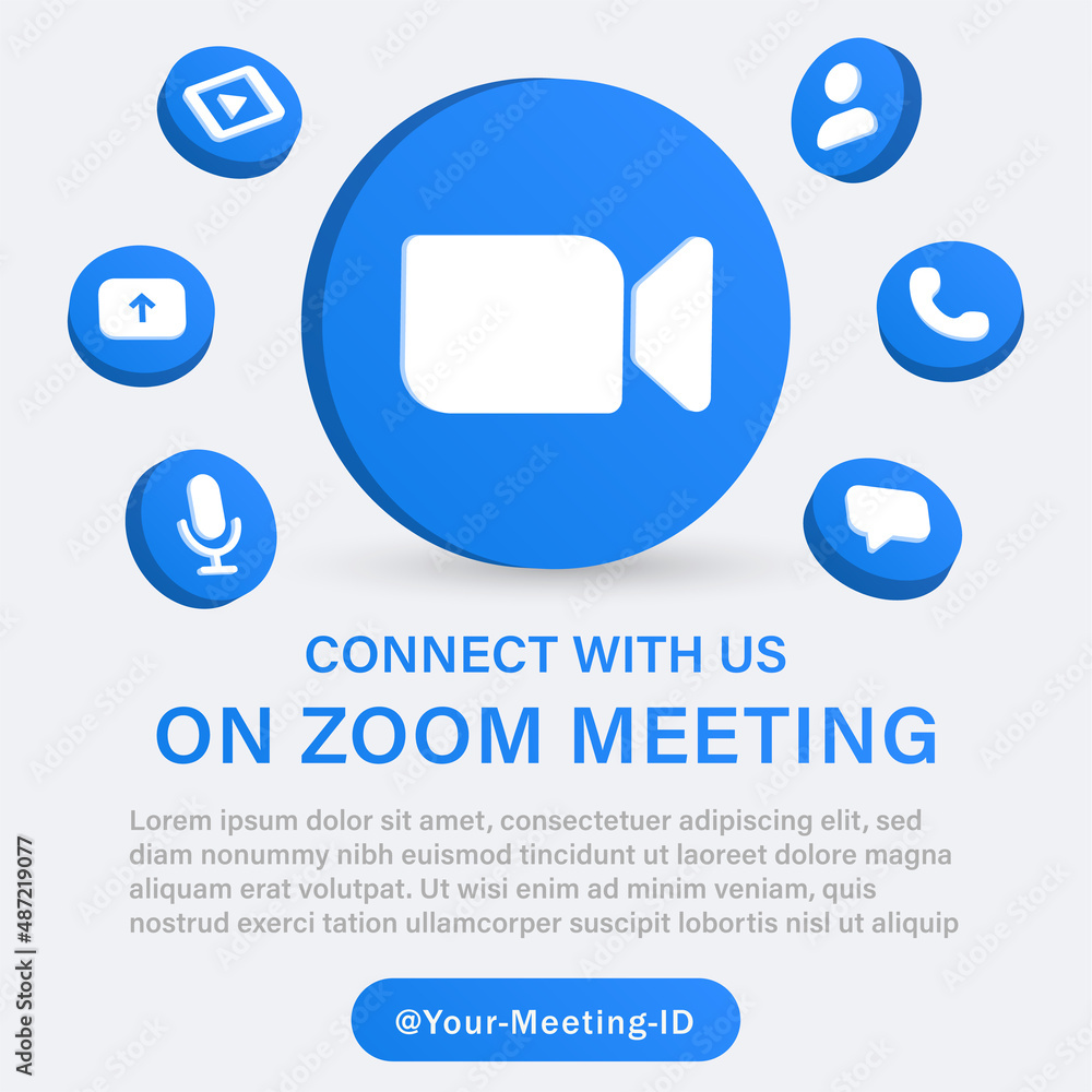 follow us on zoom meeting in 3d logo with social media notification