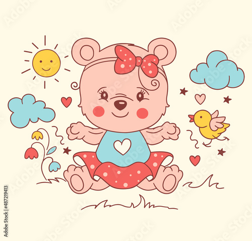 Lovely animal pink concept of Funny doodle bear cub girl in dress, sun, flowers and bird. Cartoon print, kids poster, can be used as fashion print for tee, t shirt, square post