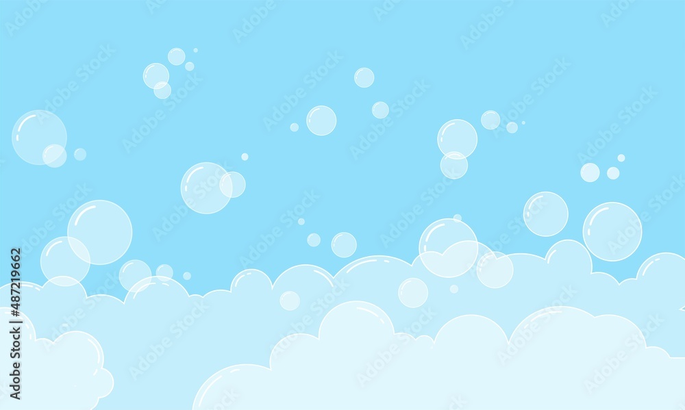 Foam and soap bubbles. Shampoo for washing in the bathroom. Bright blue background with rounded shapes. Vector illustration.	