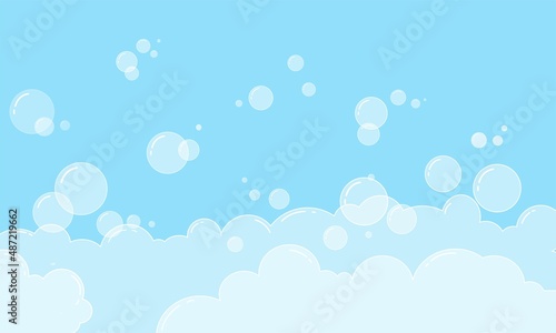 Foam and soap bubbles. Shampoo for washing in the bathroom. Bright blue background with rounded shapes. Vector illustration.	