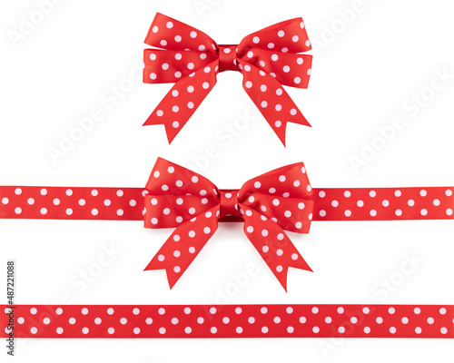 Polka dots red bow and ribbon isolated on white background