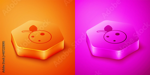 Isometric Peach fruit or nectarine with leaf icon isolated on orange and pink background. Hexagon button. Vector