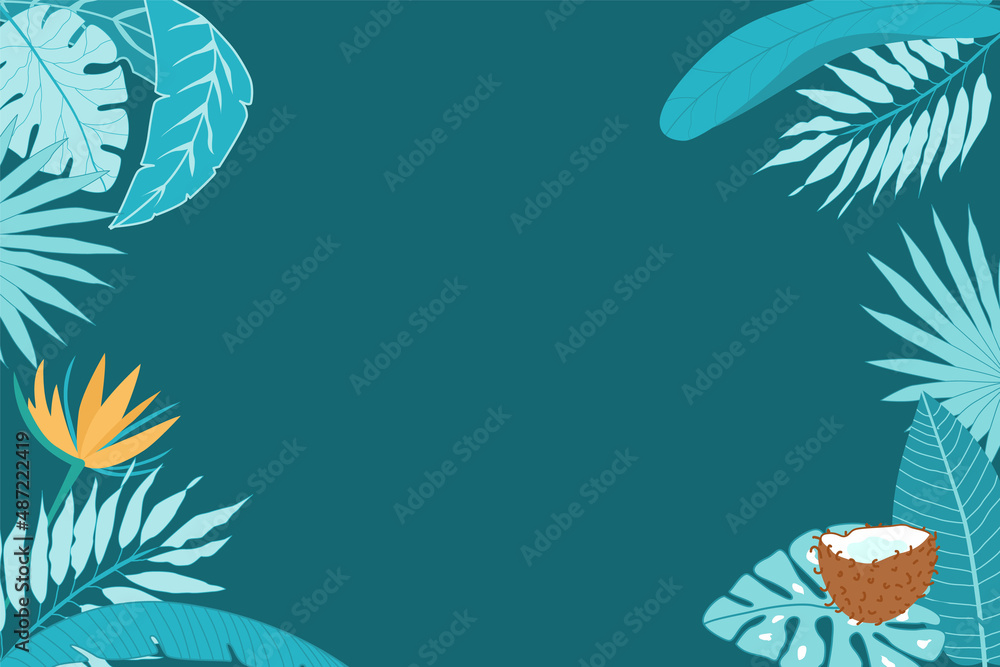 Vector frame for text with palm leaves, coconut, flower. Tropical plants in a banner template for a website Vector frame for text with palm leaves, coconut, flower. Tropical plants in a banner template for a website