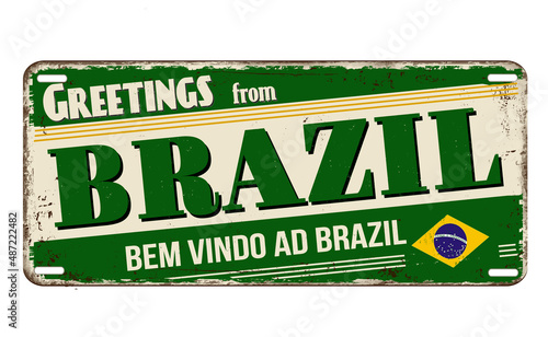 Greetings from Brazil vintage rusty metal plate