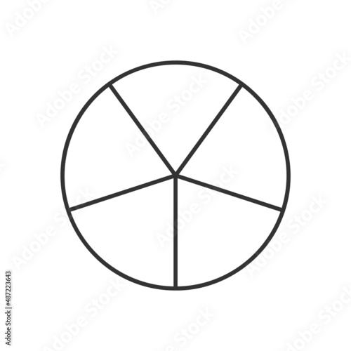 Circle divided in 5 segments. Pie or pizza round shape cut in five equal slices in outline style. Simple business chart example isolated on white background. Vector linear illustration
