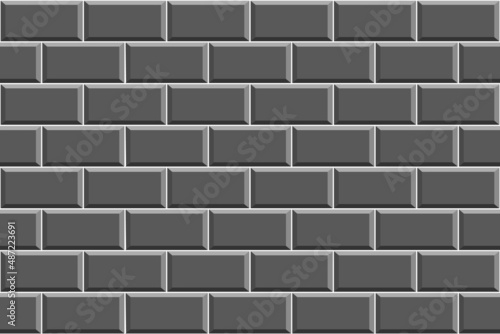 Black metro tile texture. Stone or ceramic brick wall background. Kitchen backsplash or bathroom floor decoration. Seamless pattern. Vector flat illustration