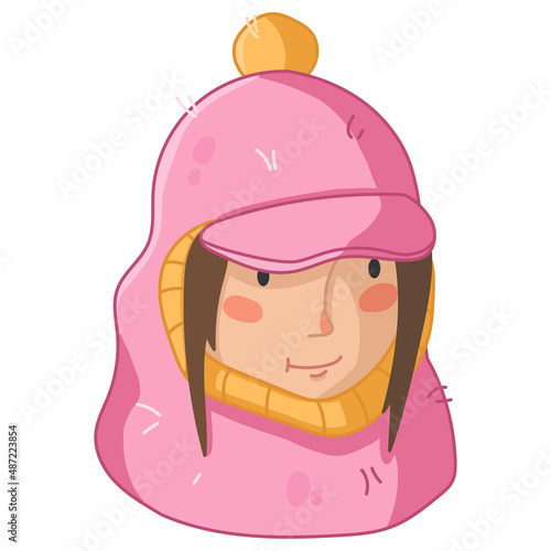 Cute cartoon girl character in pink and yellow knitted balaclava hat