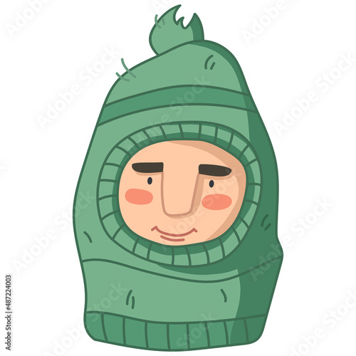 Cute cartoon man character in green tweed knitted balaclava hat