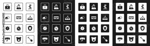 Set Road traffic sign, Hunting cartridge belt, Cloud with rain, First aid kit, Tourist tent, Hunter, Wild lion and Sun icon. Vector