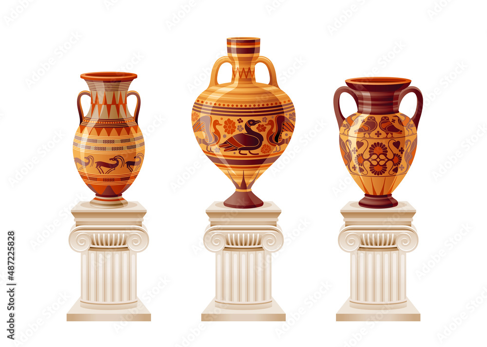 Greek vase. Ancient vector museum pillar with vase. Roman greek column illustration. Greece classic urn, amphora, jar isolated on white pillar pedestal. Antique art exhibition element set collection