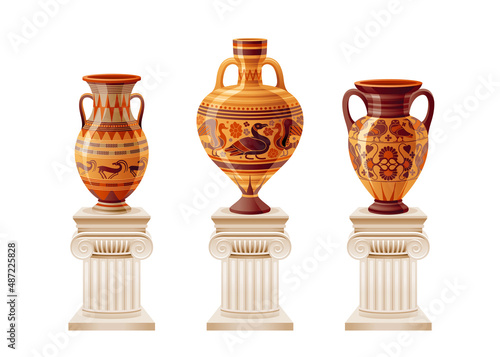 Greek vase. Ancient vector museum pillar with vase. Roman greek column illustration. Greece classic urn, amphora, jar isolated on white pillar pedestal. Antique art exhibition element set collection