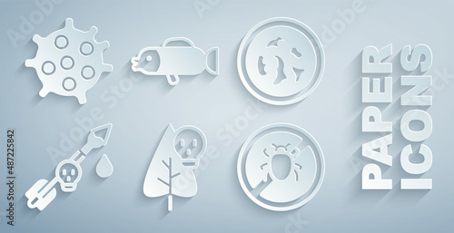 Set Poison flower, Petri dish with bacteria, the arrow, Stop colorado beetle, Puffer fish and Bacteria icon. Vector