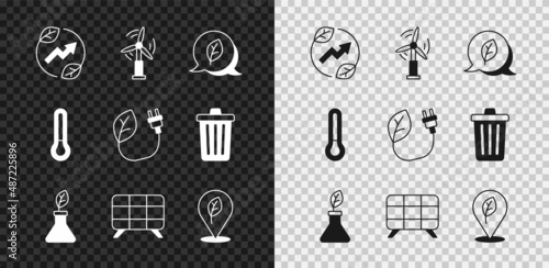 Set Electric saving plug in leaf, Wind turbine, Leaf Eco symbol, Plant breeding, Solar energy panel, Location with, Thermometer and icon. Vector