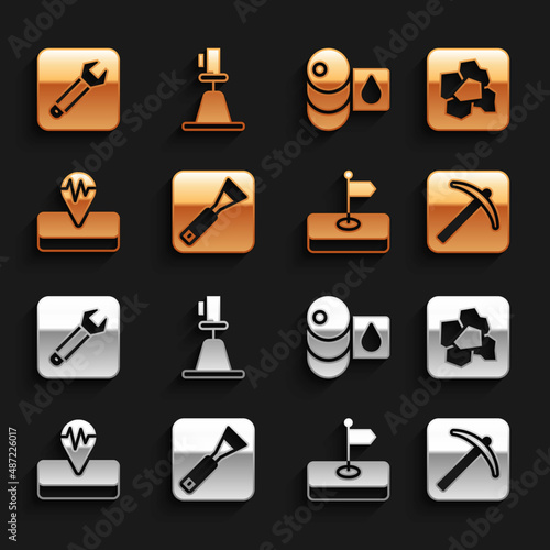 Set Paint brush, Gold nugget, Pickaxe, Flag, Earthquake, Barrel oil, Wrench spanner and Tacheometer, theodolite icon. Vector