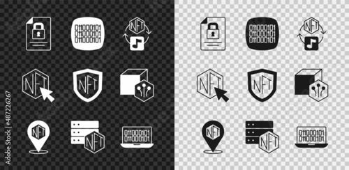 Set Document and lock, Binary code, NFT Digital crypto art, blockchain technology, and shield icon. Vector