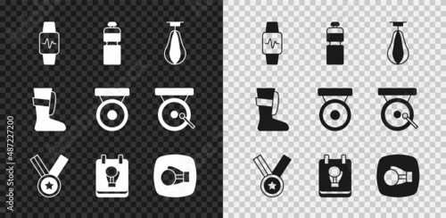 Set Smart watch with heart, Fitness shaker, Punching bag, Medal, Boxing glove, Sport boxing shoes and gong icon. Vector