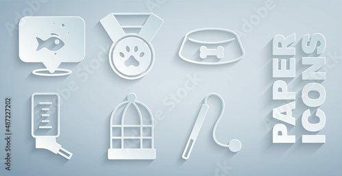 Set Cage for birds, Pet food bowl cat dog, Drinker small pets, toy, award symbol and Fish icon. Vector