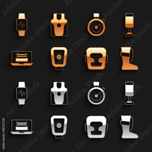 Set Boxing training paws, Punching bag, Sport boxing shoes, helmet, ring, Stopwatch, Smart with heart and jersey and t-shirt icon. Vector