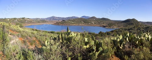 Green Desert Cactus Field and Scenic Blue Lake Hodges Landscape Panorama in San Dieguito River Park. Sunny Winter Day Hike in Southern California, USA photo