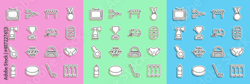 Set line Locker or changing room, Protective sport jockstrap, Ice hockey rink, Hockey table, Award cup, Air horn, Retro tv and resurfacer icon. Vector