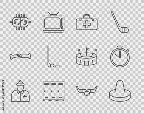 Set line Hockey coach, Mallet for playing air hockey, First aid kit, Locker changing room, table, Ice stick and puck, sticks and Stopwatch icon. Vector