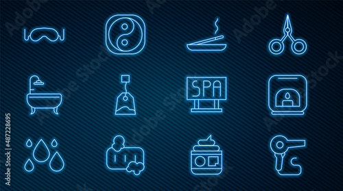 Set line Hair dryer, Aroma lamp, Scented spa stick, Tea bag, Bathtub, Eye sleep mask, Spa salon signboard and Yin Yang icon. Vector