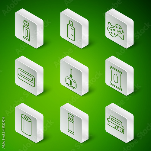 Set line Brush for cleaning, Shaving gel foam, Tube of toothpaste, Nail scissors, Bar soap, Bottle agent, Paper towel roll and Wet wipe pack icon. Vector