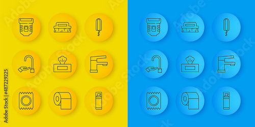 Set line Condom in package safe sex, Washing hands with soap, Wet wipe, Shaving gel foam, Water tap, Epilator, Sanitary tampon and Brush for cleaning icon. Vector