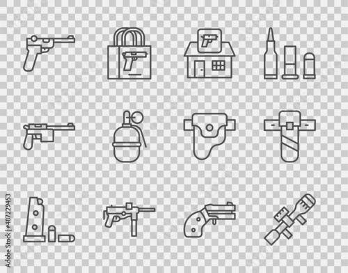 Set line Gun magazine and bullets, Sniper optical sight, Hunting shop weapon, Submachine gun M3, Mauser, Hand grenade, Small revolver and Knife holster icon. Vector