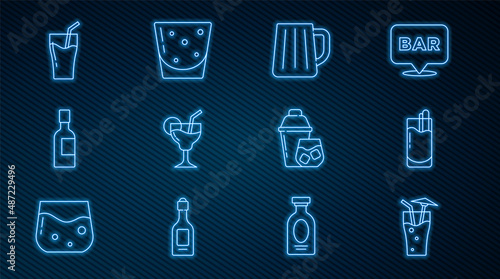 Set line Cocktail, Bloody Mary, Wooden beer mug, Champagne bottle, Glass of juice, shaker and rum icon. Vector