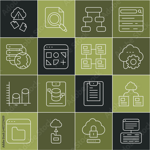 Set line Server, Data, Web Hosting, Cloud technology data transfer, Hierarchy organogram chart, Different files, Network cloud connection, hacking and icon. Vector