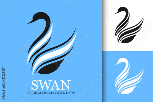 Swan logotype. Set of three variants in blue, black and white colors. Minimalist trendy contemporary design. Best for web, print, logo creating and branding design.