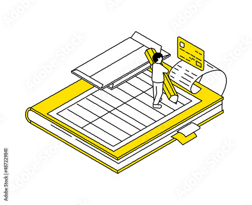 クレジットカードのレシートの内容を記録する人のアイソメトリック図