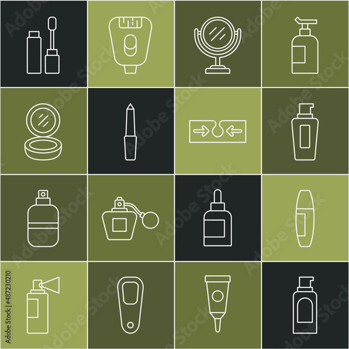 Set line Spray can for hairspray, Mascara brush, Bottle of shampoo, Round makeup mirror, Nail file, Makeup powder with, and Acne icon. Vector