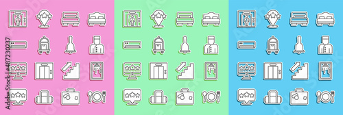 Set line Plate, fork and knife, Shower cabin, Concierge, Hotel room bed, Suitcase, Air conditioner, Lift and service bell icon. Vector