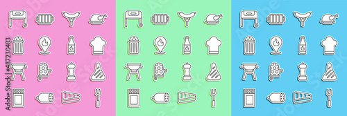 Set line Barbecue fork, Steak meat, Chef hat, Sausage on the, Location with fire flame, Salt, grill and Tabasco sauce icon. Vector