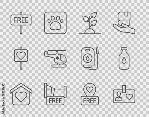 Set line Shelter for homeless, Volunteer id card badge, team planting trees, Free overnight stay house, sign, Rescue helicopter, Location with heart and Bottle of water icon. Vector